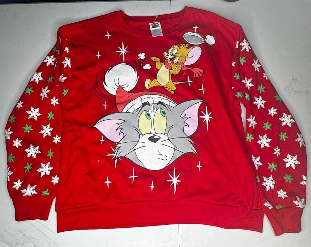 Tom and Jerry Christmas Sweater Size L Red Light Up Holiday Pullover